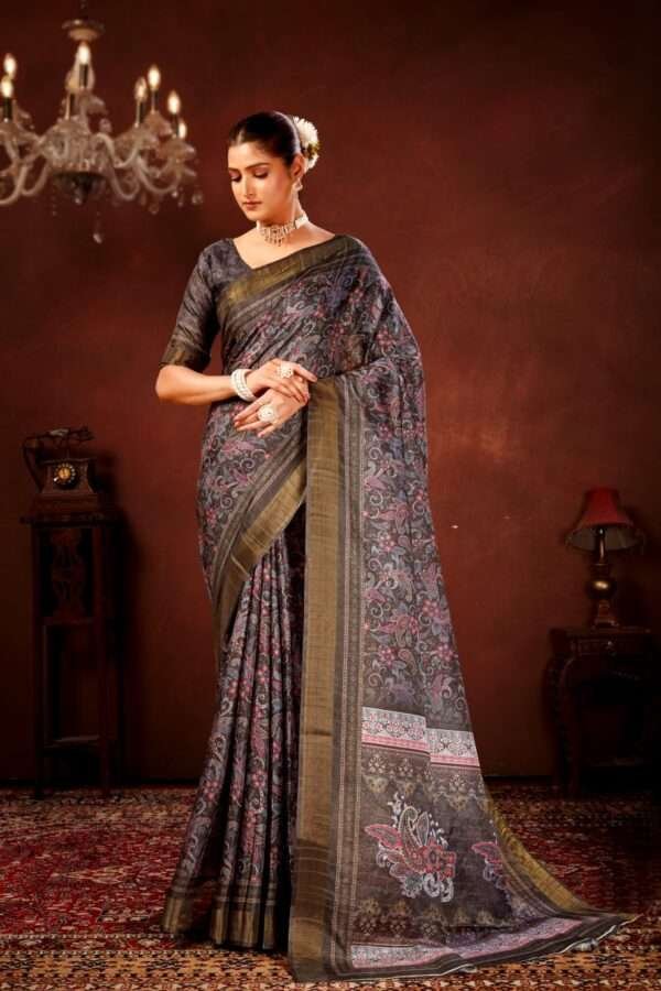 Black paisley printed tussar silk saree p1