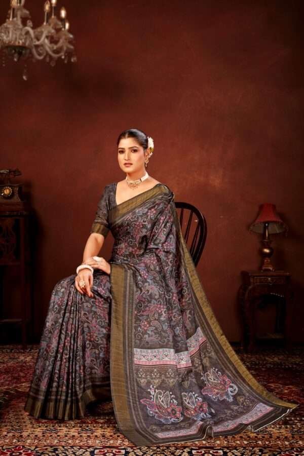 Black paisley printed tussar silk saree p1 - Image 3