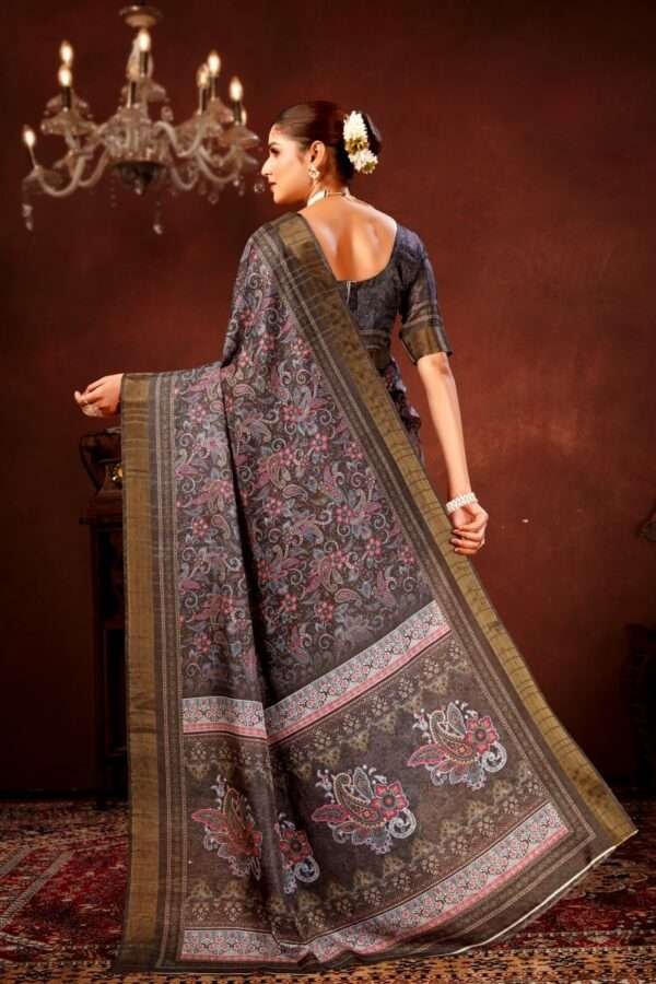 Black paisley printed tussar silk saree p1 - Image 4