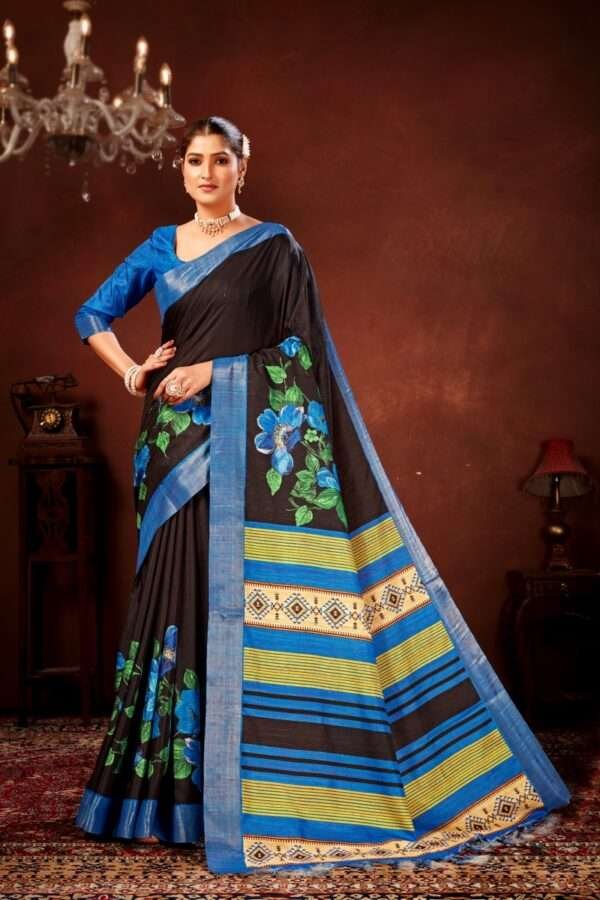 Blue flower printed tussar silk saree t15