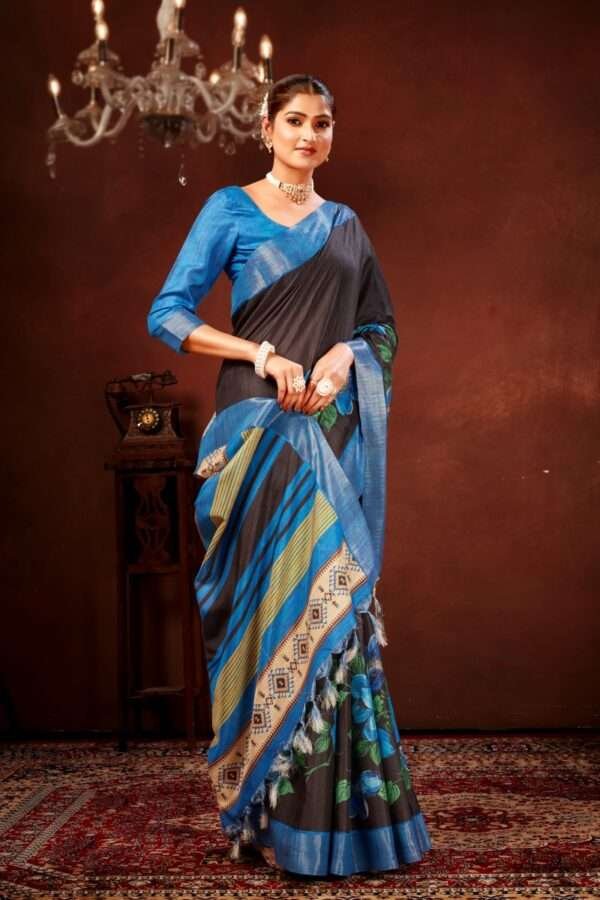 Blue flower printed tussar silk saree t15 - Image 2