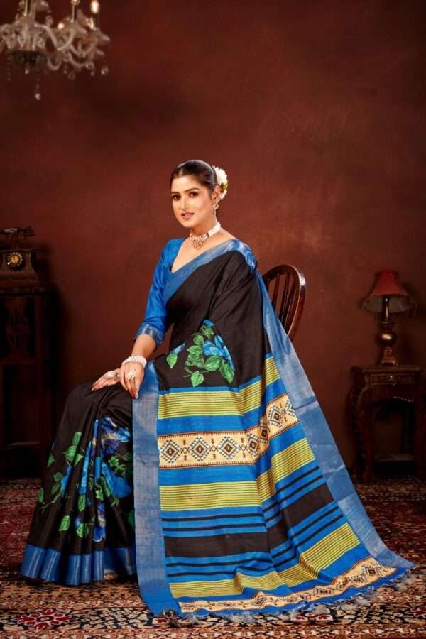 Blue flower printed tussar silk saree t15 - Image 3