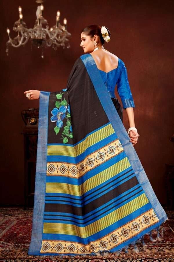 Blue flower printed tussar silk saree t15 - Image 4