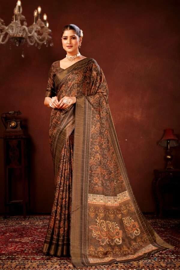 Brown paisley printed tussar silk saree p2