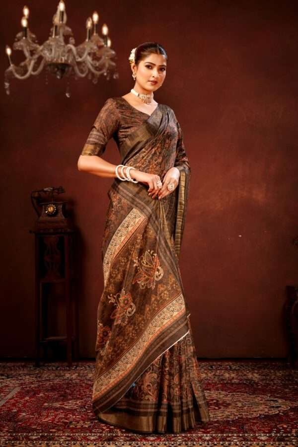 Brown paisley printed tussar silk saree p2 - Image 2