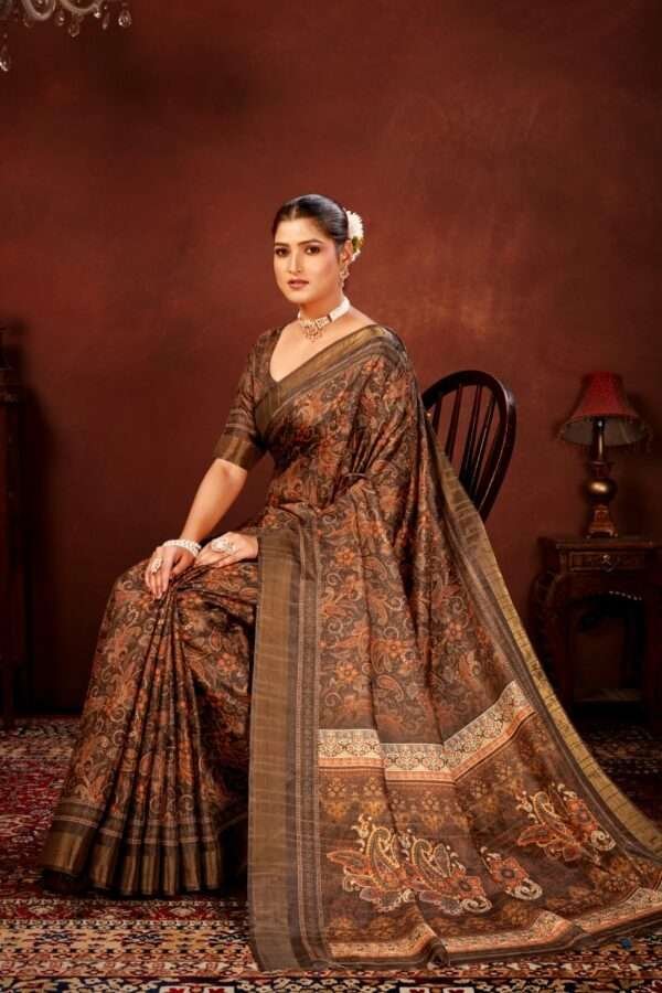 Brown paisley printed tussar silk saree p2 - Image 3
