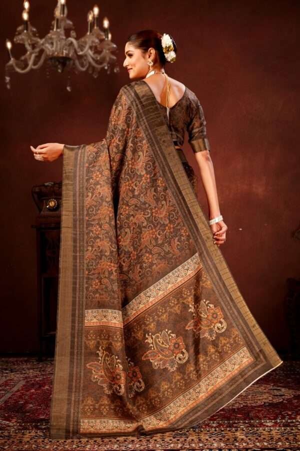 Brown paisley printed tussar silk saree p2 - Image 4