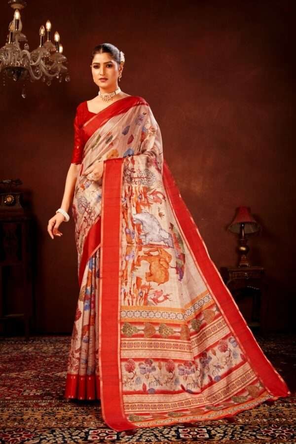 Cream soft doriya cotton kalamkari saree dc1 - Image 2