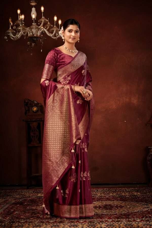 Dark maroon pure satin silk saree vs5