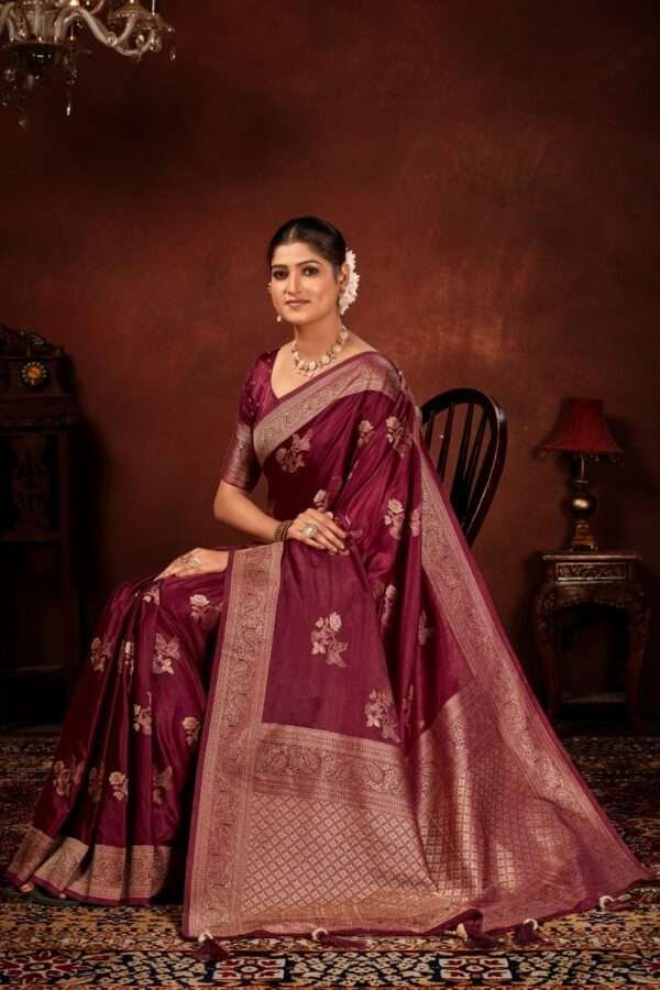 Dark maroon pure satin silk saree vs5 - Image 3