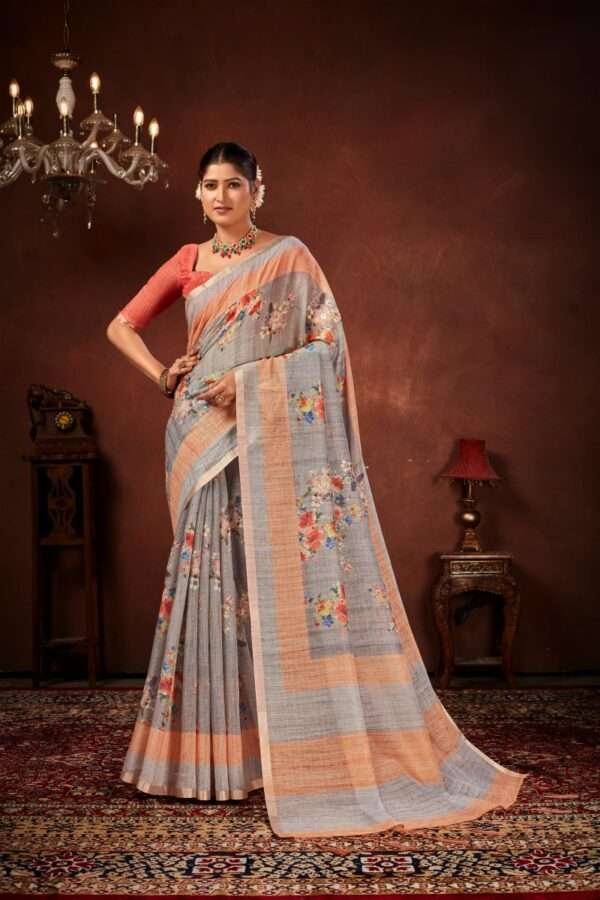 Designer linen handwork saree lw6 - Image 2