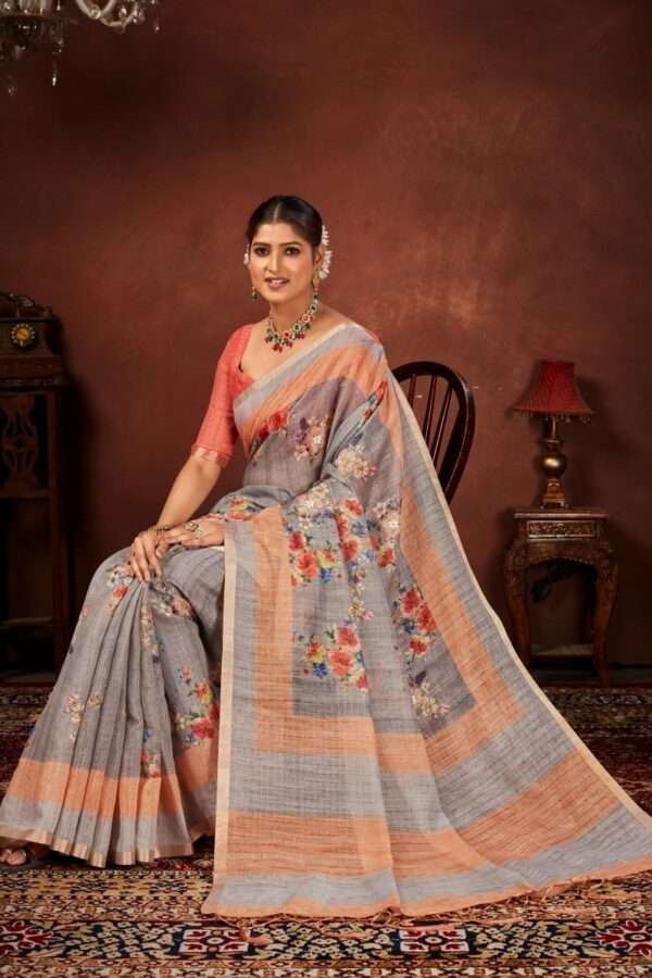 Designer linen handwork saree lw6 - Image 3