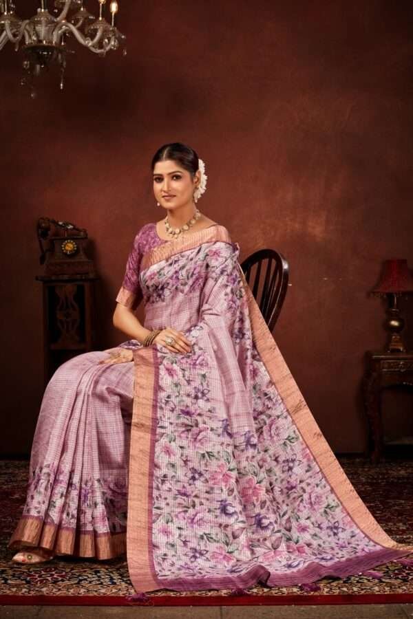 Exclusive floral tussar silk saree with foil work cf1 - Image 3