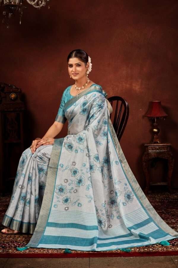 Exclusive floral tussar silk saree with foil work cf2 - Image 3