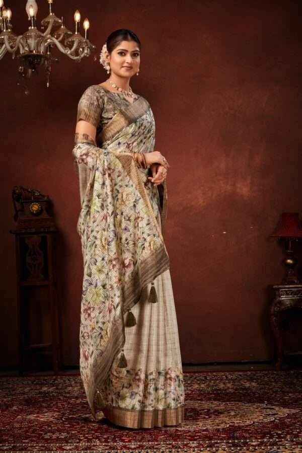 Exclusive floral tussar silk saree with foil work cf6 - Image 2