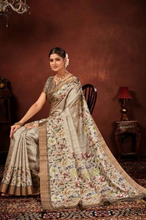 Exclusive floral tussar silk saree with foil work cf6 - Image 3