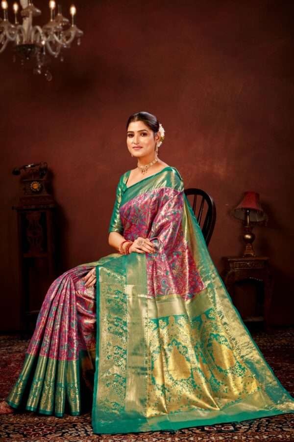 Magenta pure dharmavaram silk saree d9 - Image 3