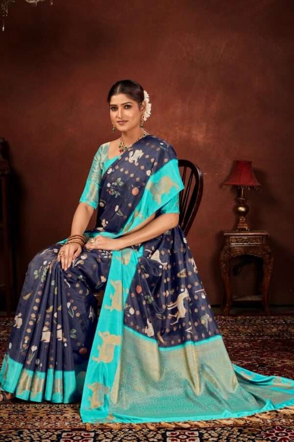 Navy blue semi soft silk saree pb1 - Image 3