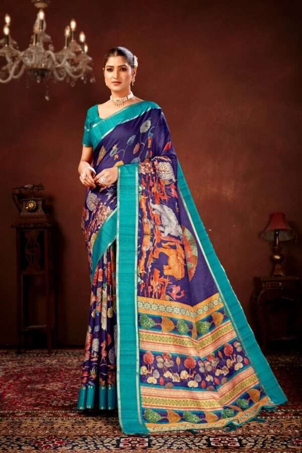Navy blue soft doriya cotton kalamkari saree dc3 - Image 3