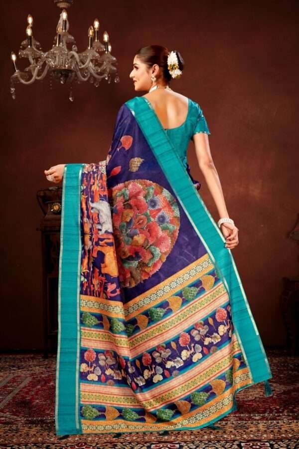 Navy blue soft doriya cotton kalamkari saree dc3 - Image 2