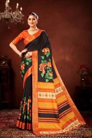 Orange flower printed tussar silk saree t13