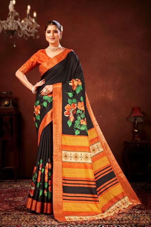 Orange flower printed tussar silk saree t13