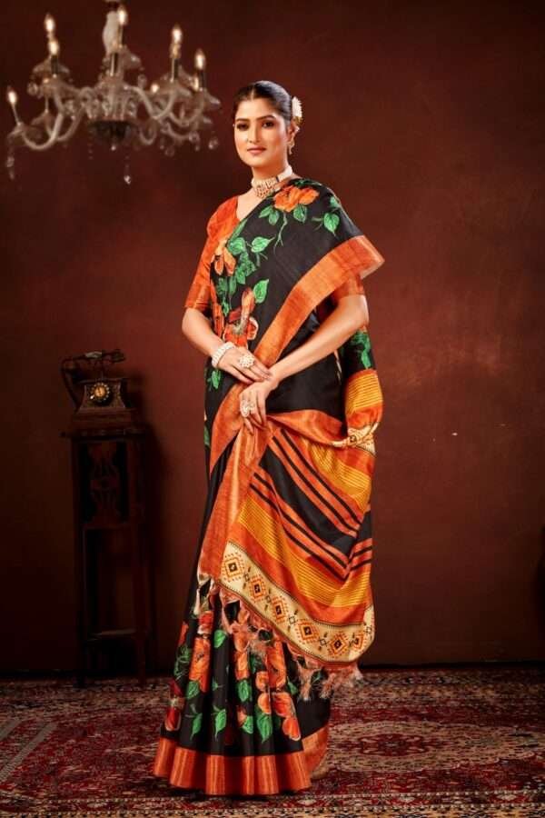 Orange flower printed tussar silk saree t13 - Image 2