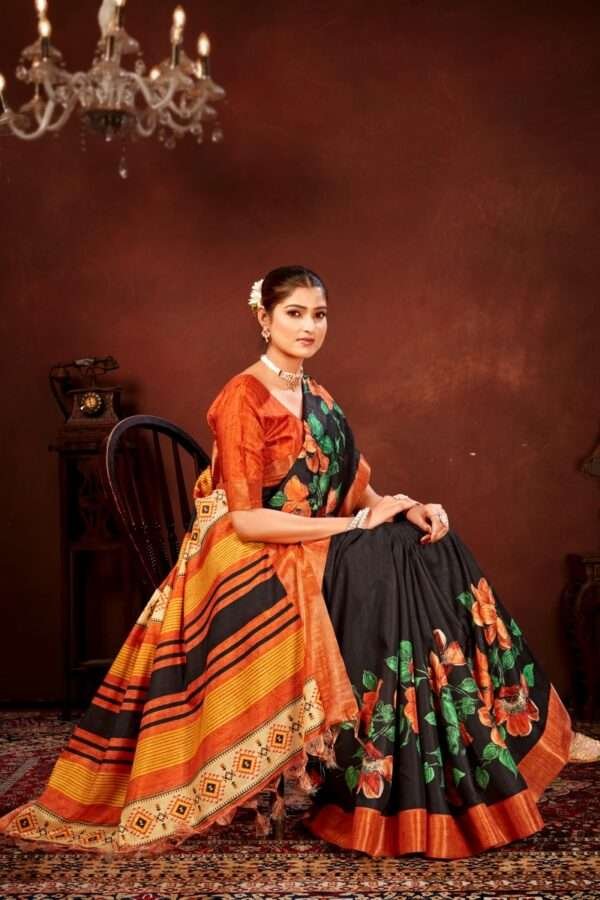 Orange flower printed tussar silk saree t13 - Image 3