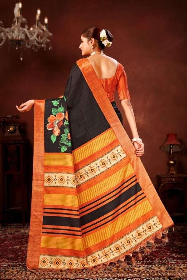 Orange flower printed tussar silk saree t13 - Image 4