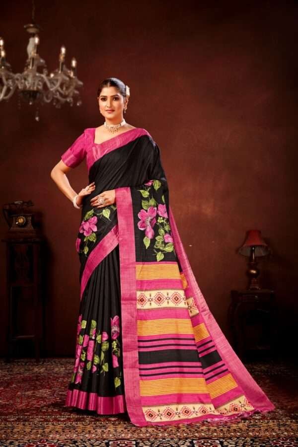 Pink flower printed tussar silk saree t14