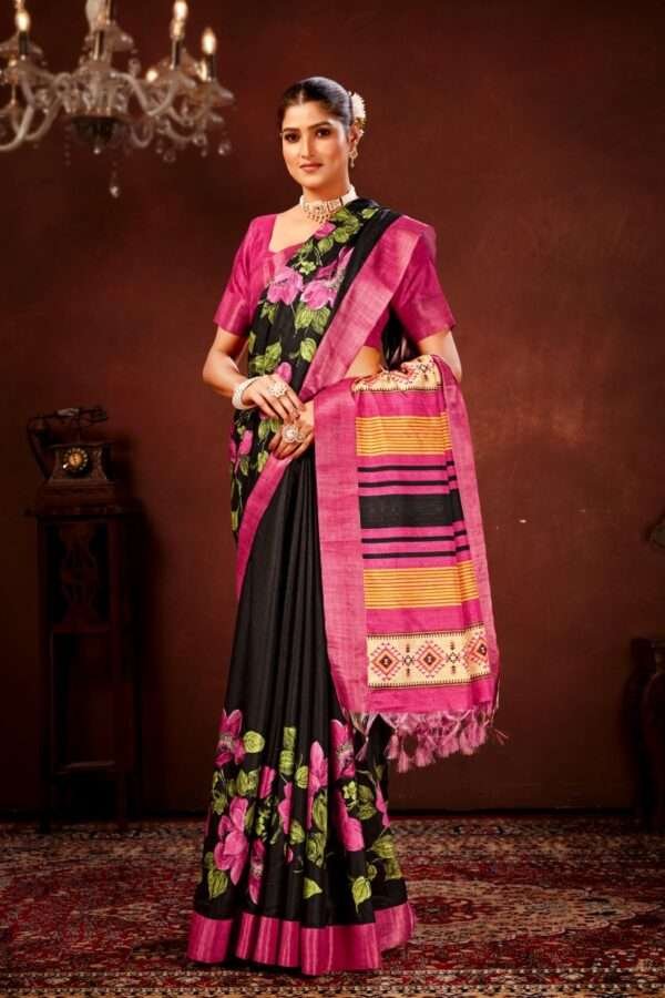 Pink flower printed tussar silk saree t14 - Image 2