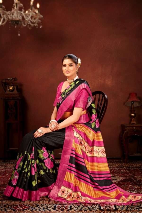 Pink flower printed tussar silk saree t14 - Image 3