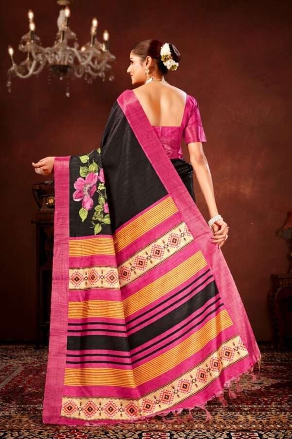 Pink flower printed tussar silk saree t14 - Image 4