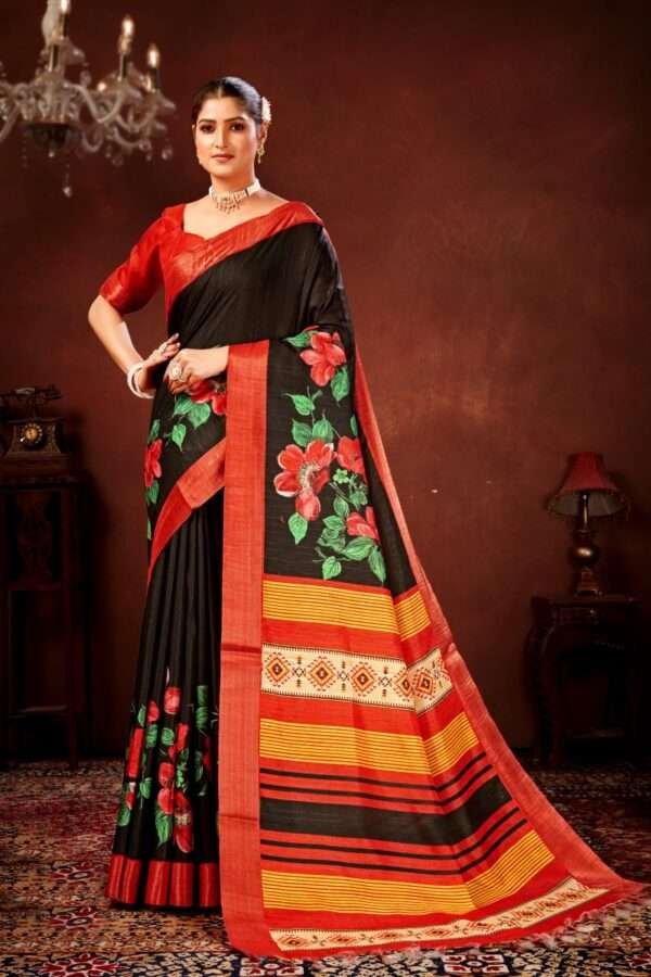Red flower printed tussar silk saree t16
