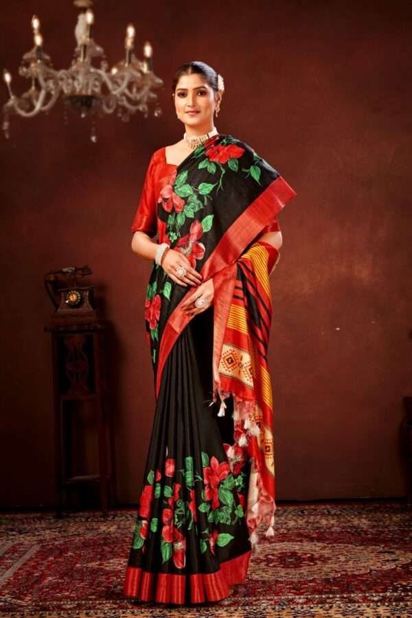 Red flower printed tussar silk saree t16 - Image 2