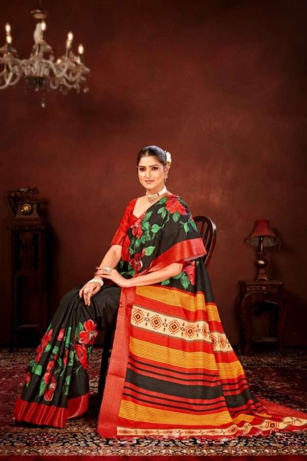 Red flower printed tussar silk saree t16 - Image 3