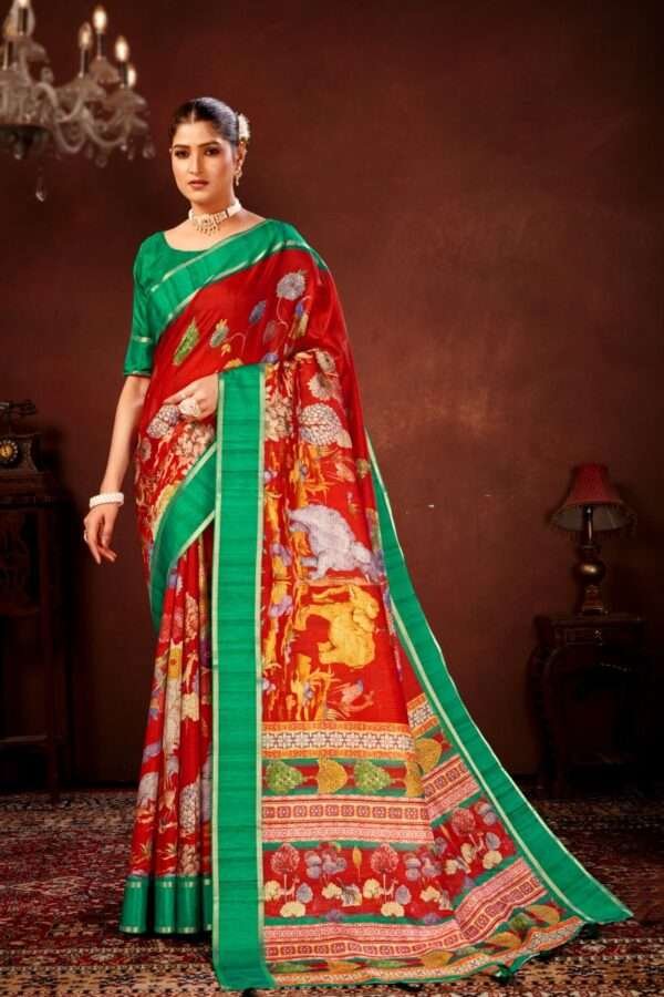 Red soft doriya cotton kalamkari saree dc2
