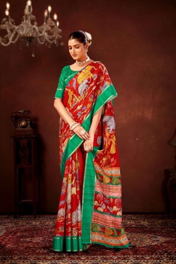Red soft doriya cotton kalamkari saree dc2 - Image 2
