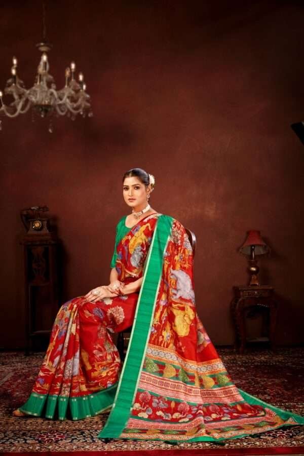 Red soft doriya cotton kalamkari saree dc2 - Image 3