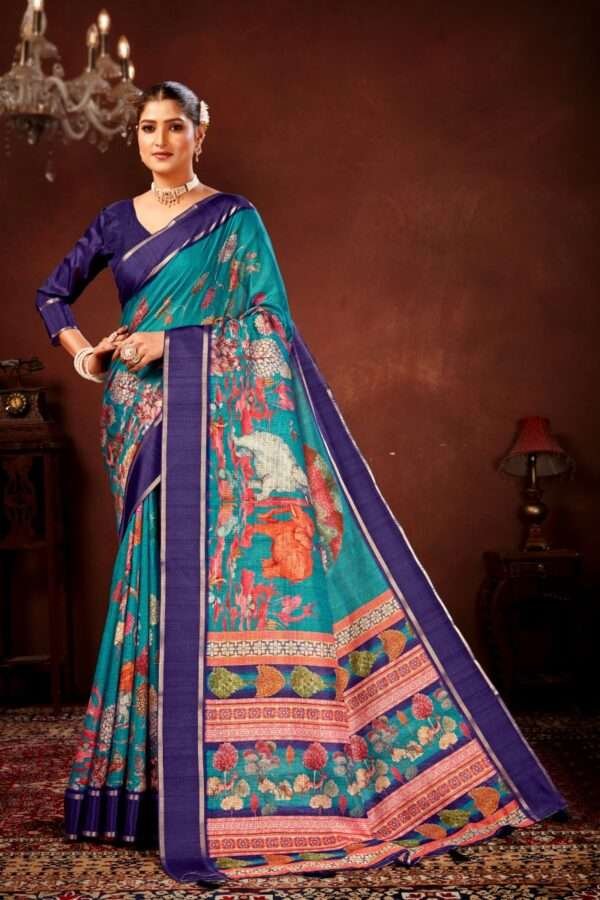 Sea blue soft doriya cotton kalamkari saree dc4 - Image 3