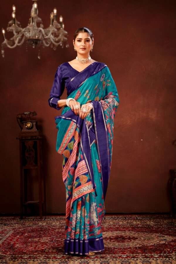 Sea blue soft doriya cotton kalamkari saree dc4