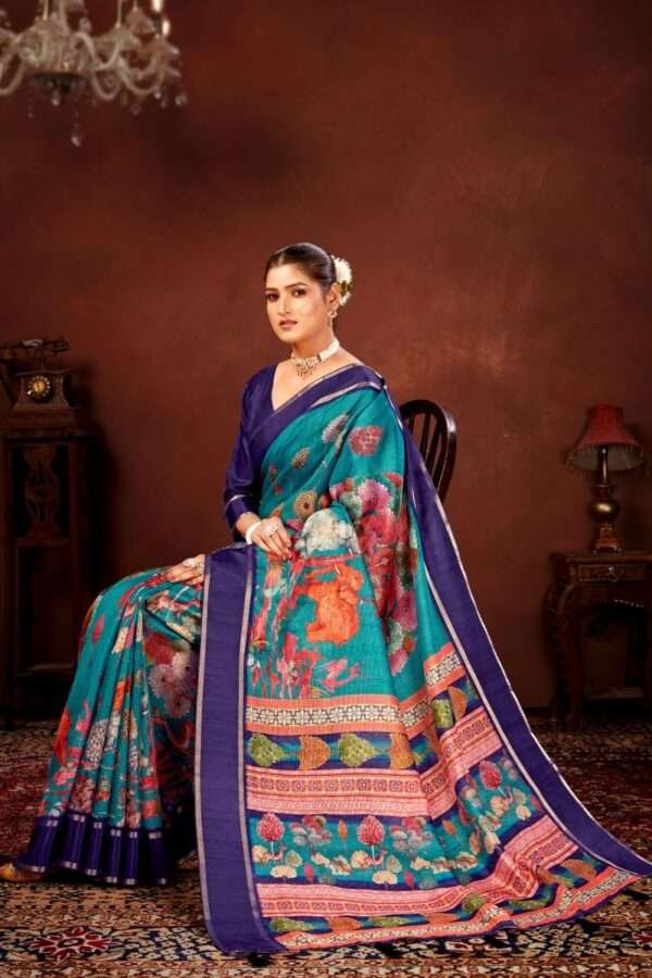 Sea blue soft doriya cotton kalamkari saree dc4 - Image 4
