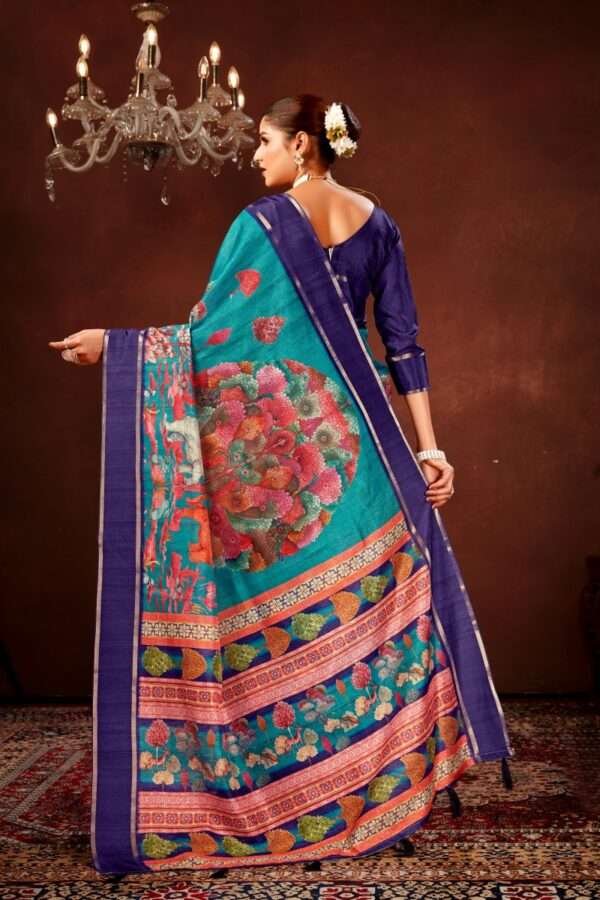 Sea blue soft doriya cotton kalamkari saree dc4 - Image 2