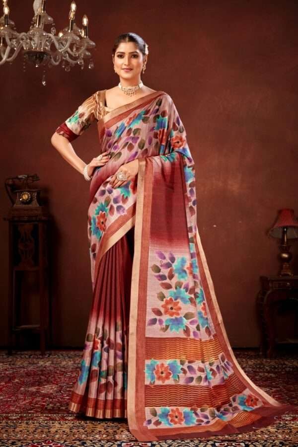 Traditional flower printed tussar silk saree bt1