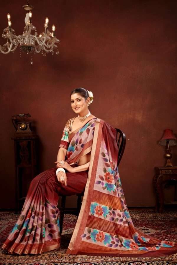 Traditional flower printed tussar silk saree bt1 - Image 3