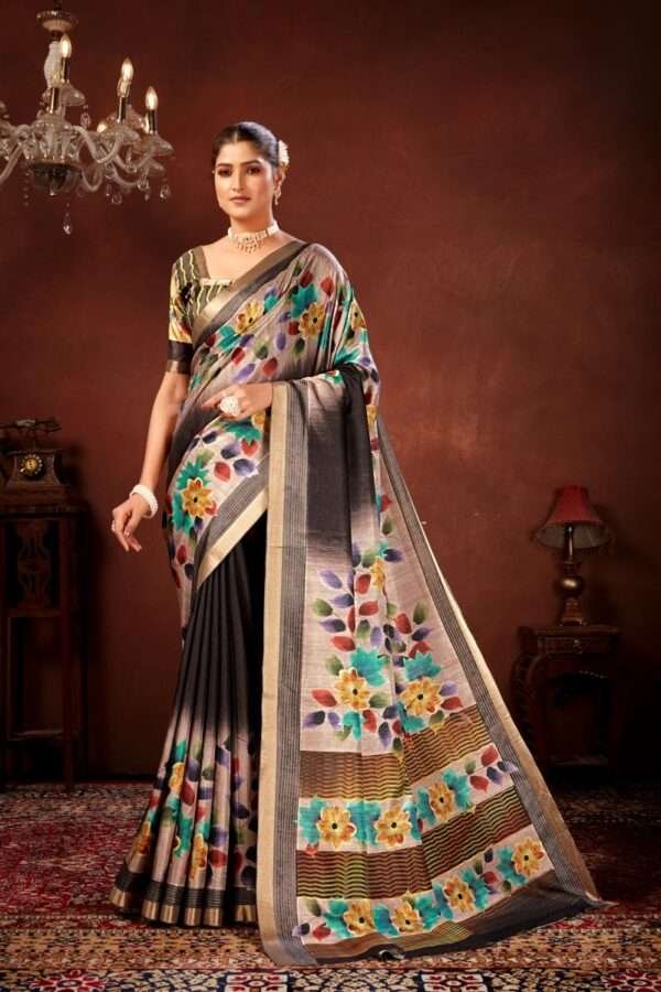 Traditional flower printed tussar silk saree bt2