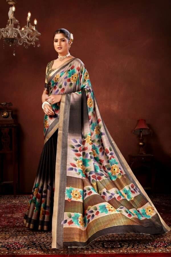 Traditional flower printed tussar silk saree bt2 - Image 2
