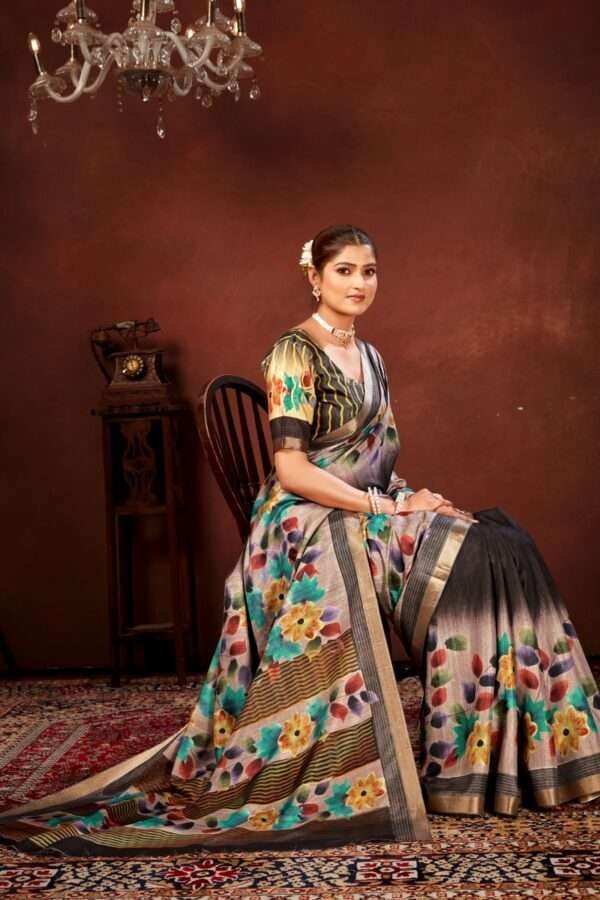 Traditional flower printed tussar silk saree bt2 - Image 3