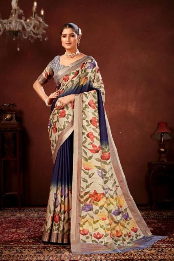 Traditional flower printed tussar silk saree bt3