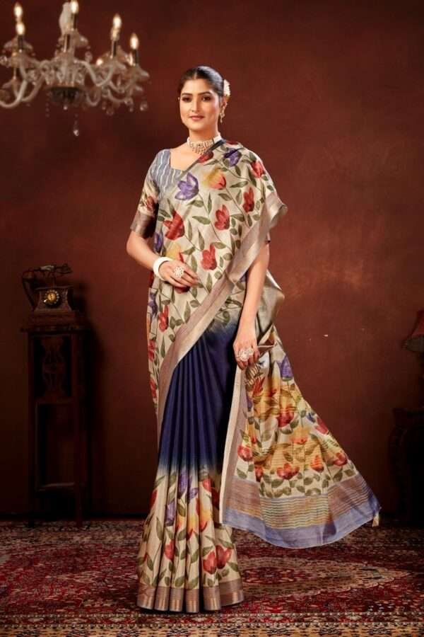 Traditional flower printed tussar silk saree bt3 - Image 2